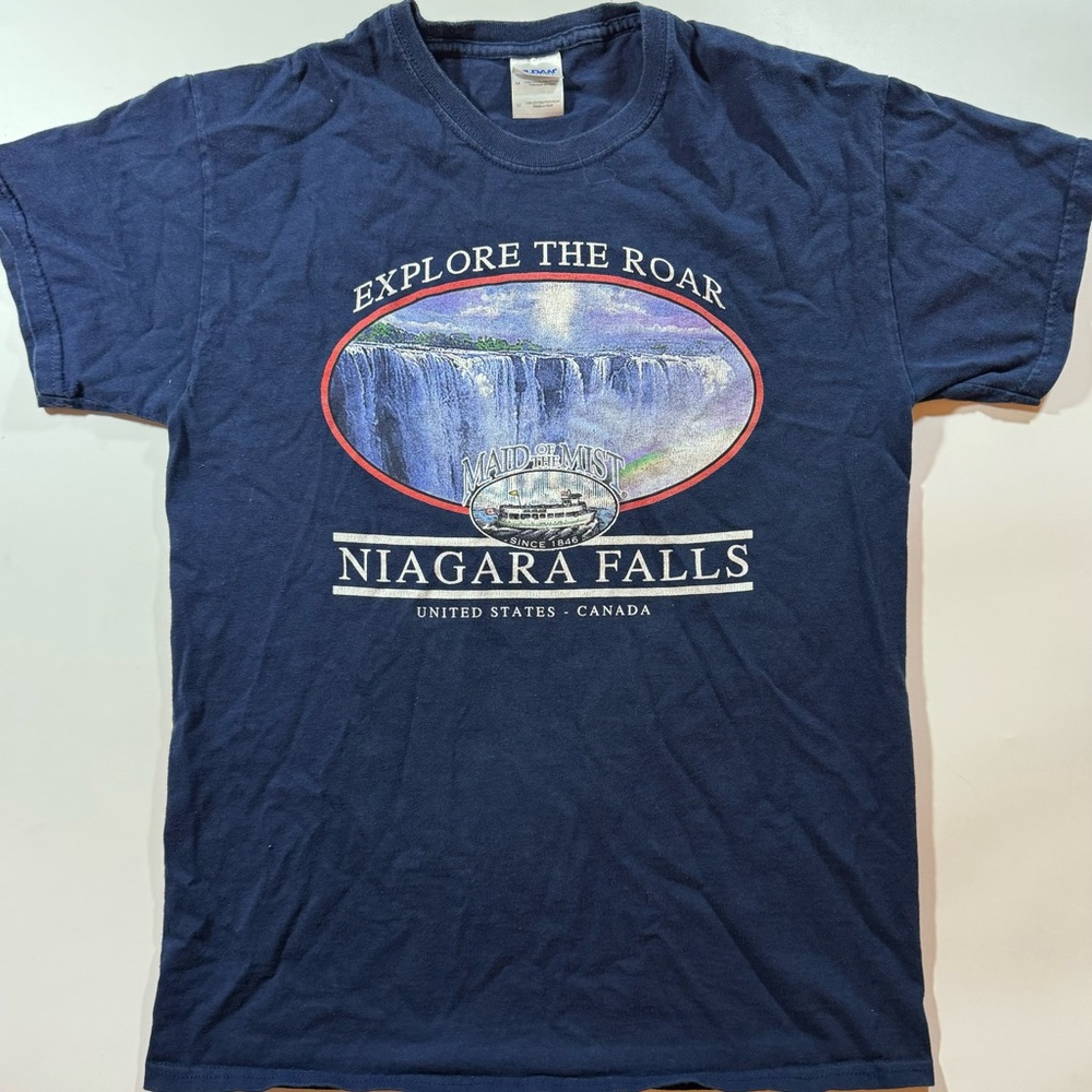 Vintage 90s Navy Blue Graphic "Niagara Falls Explore The Roar" Mens Medium Shirt